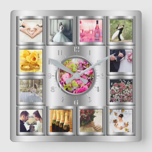 Wedding Anniversary Special Event Silver Collage Square Wall Clock