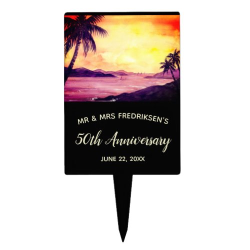 Wedding Anniversary Sunset in Tropics Watercolor Cake Topper