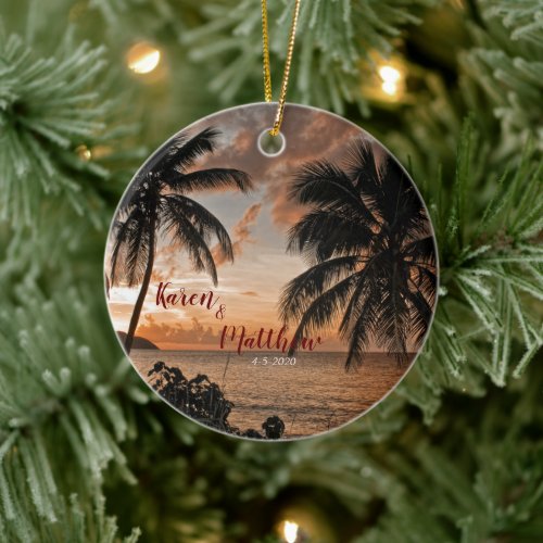 Wedding Anniversary Tropical Sunset Beach Custom Ceramic Ornament