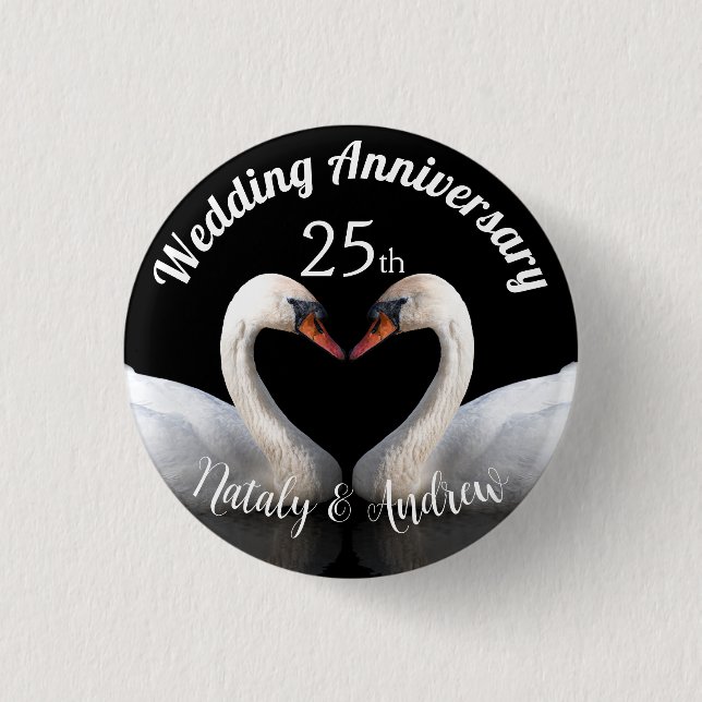 Wedding Anniversary two swans Black Button (Front)