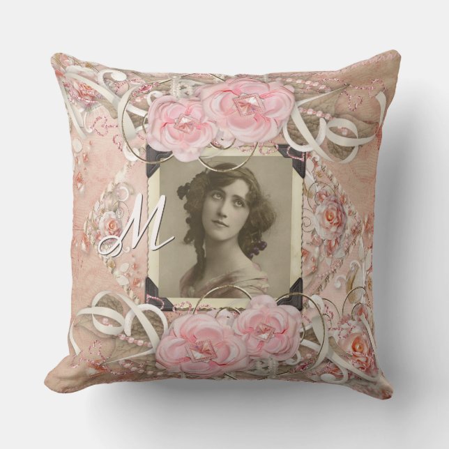 Wedding Anniversary Victorian Bride Roses Pearls Throw Pillow (Front)