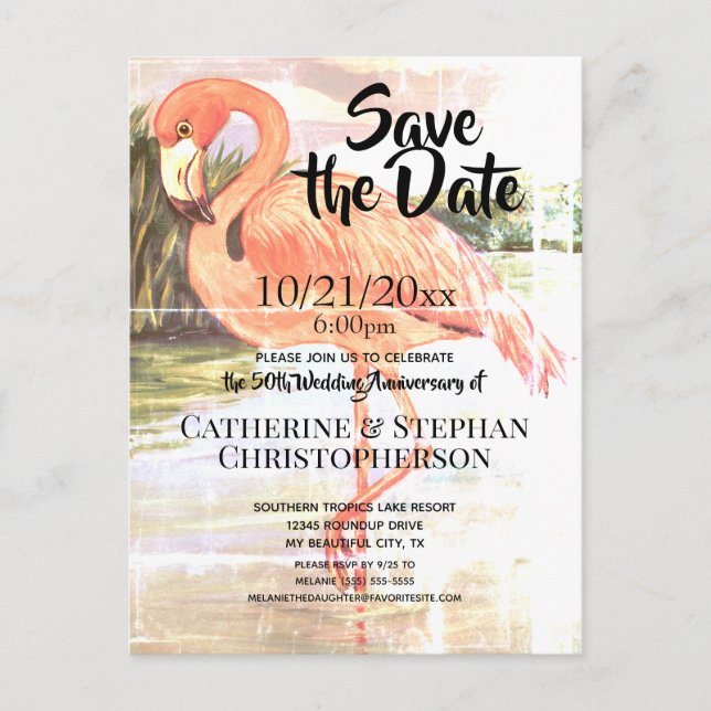 Wedding Anniversary Vintage Pink Flamingo Artistic Announcement Postcard (Front)