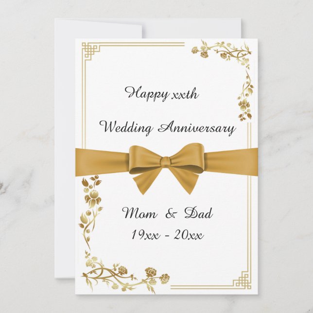 Wedding anniversary, white, gold ribbon, text back card (Front)