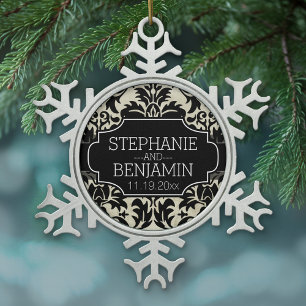 Wedding Anniversary with Bride and Groom Names Snowflake Pewter Christmas Ornament