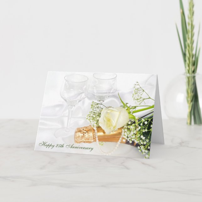 wedding anniversary with champagne and white rose card (Front)