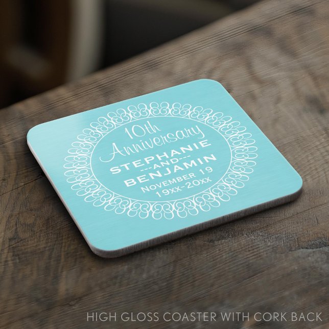 Wedding Anniversary with Teal Blue Background Drink Coaster (Custom Coaster)