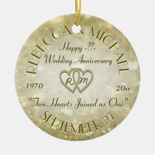 Wedding Anniversary with Two Hearts Ceramic Ornament