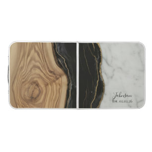 Wedding Anniversary Wood Black White Agate Marble  Beer Pong Table
