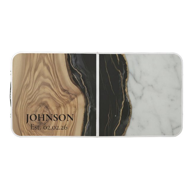Wedding Anniversary Wood Black White Agate Marble  Beer Pong Table (Top)