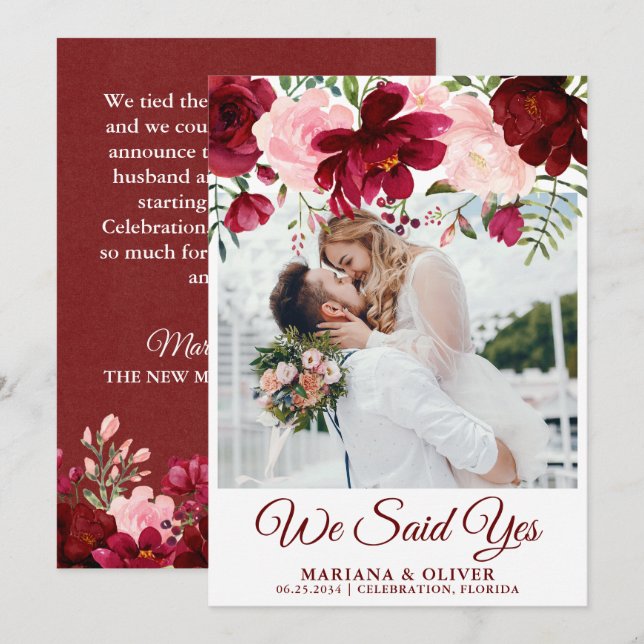 Wedding Announcement Burgundy Pink Floral (Front/Back)