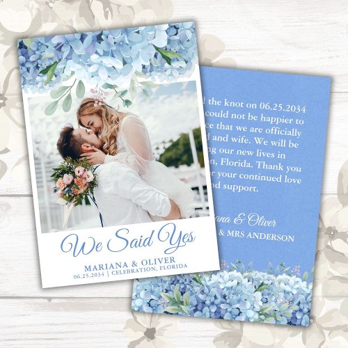 Wedding Announcement Card Blue Hydrangeas Floral