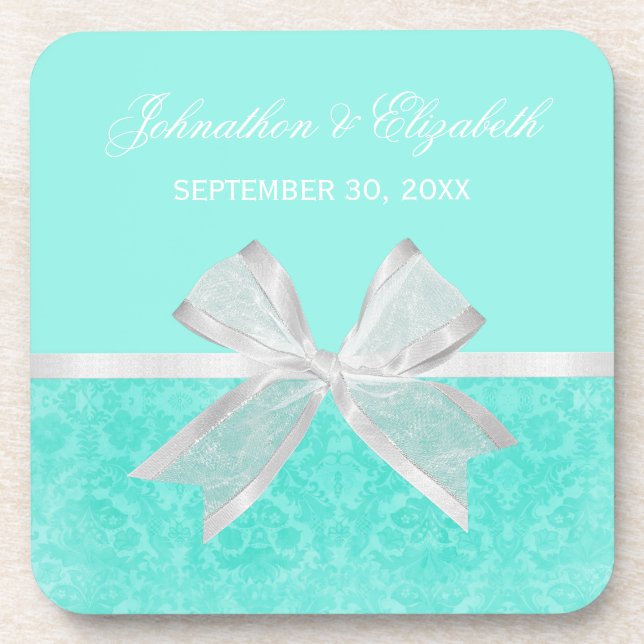 Wedding Announcement Chic Aqua Damask White Bow Beverage Coaster (Front)