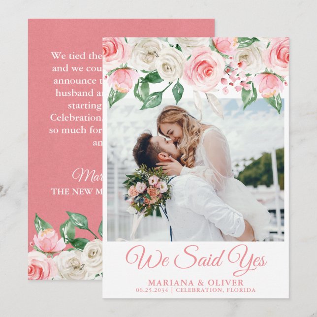 Wedding Announcement Pink Peach White Floral (Front/Back)