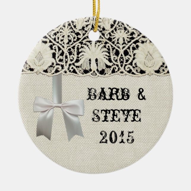 Wedding Antique Lace Linen White Classic Pretty Ceramic Ornament (Front)