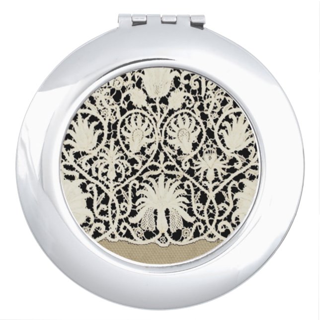 Wedding Antique Lace Linen White Classic Pretty Compact Mirror (Front)