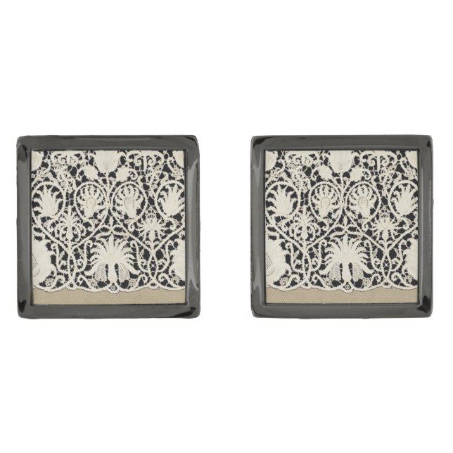 Wedding Antique Lace Linen White Classic Pretty Gunmetal Finish Cufflinks (Front)