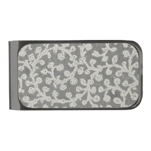 Wedding Antique Lace Linen White Classic Pretty Gunmetal Finish Money Clip