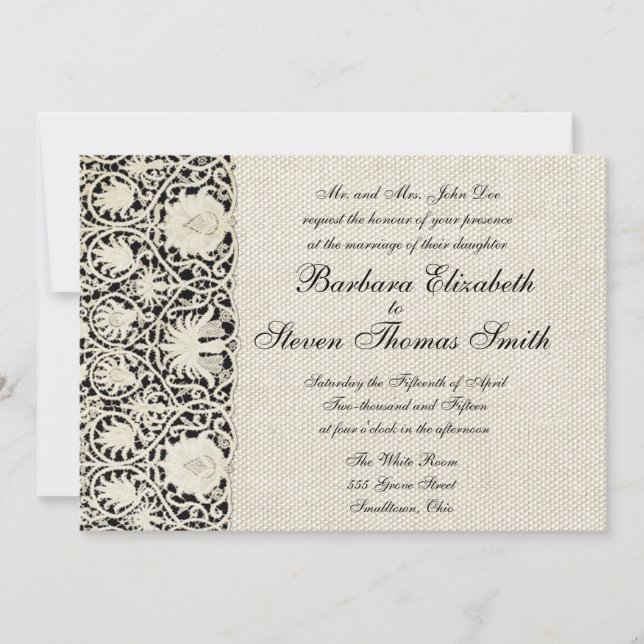 Wedding Antique Lace Linen White Classic Pretty Invitation (Front)