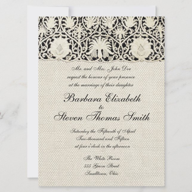 Wedding Antique Lace Linen White Classic Pretty Invitation (Front)