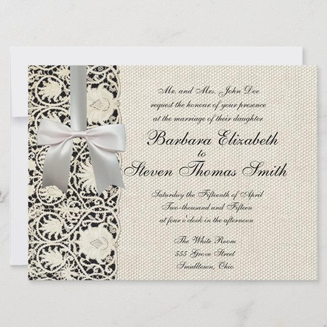 Wedding Antique Lace Linen White Classic Pretty Invitation (Front)