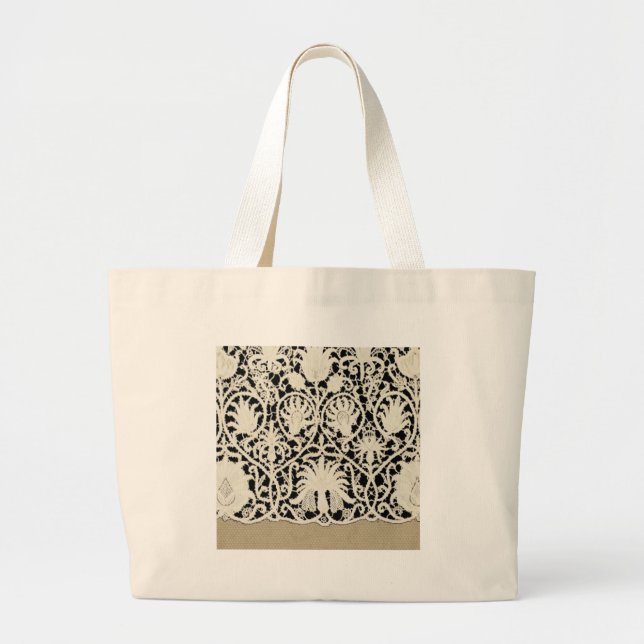 Wedding Antique Lace Linen White Classic Pretty Large Tote Bag (Front)