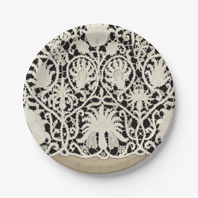 Wedding Antique Lace Linen White Classic Pretty Paper Plates (Front)