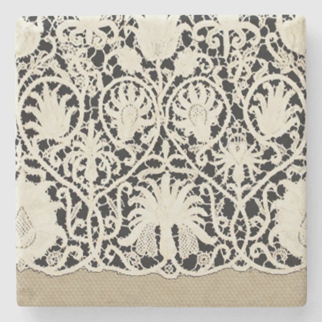 Wedding Antique Lace Linen White Classic Pretty Stone Coaster (Front)