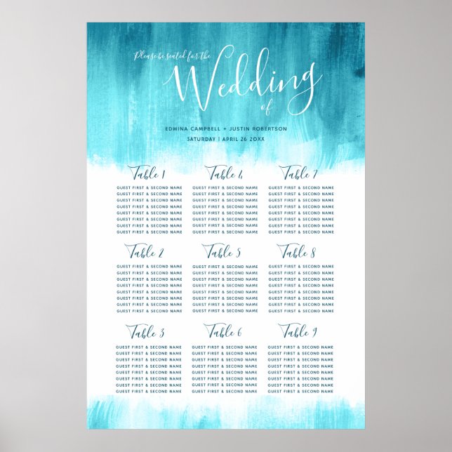 Wedding aqua blue green abstract table plan poster (Front)