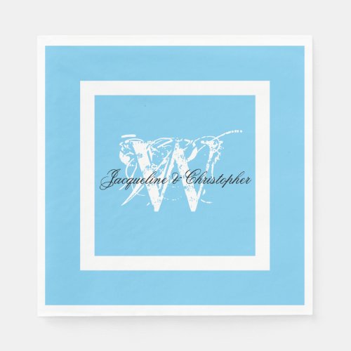 Wedding Aqua Blue Modern Monogram Elegant Paper  Napkins
