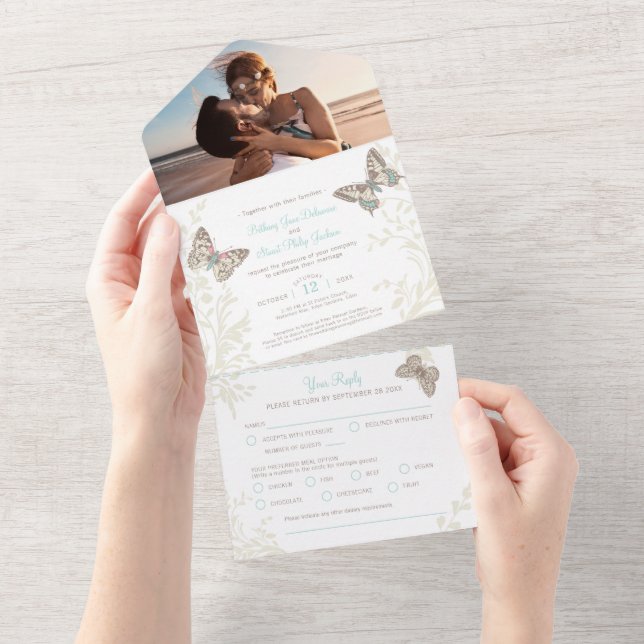 Wedding aqua brown butterflies photo meal RSVP All In One Invitation (Tearaway)