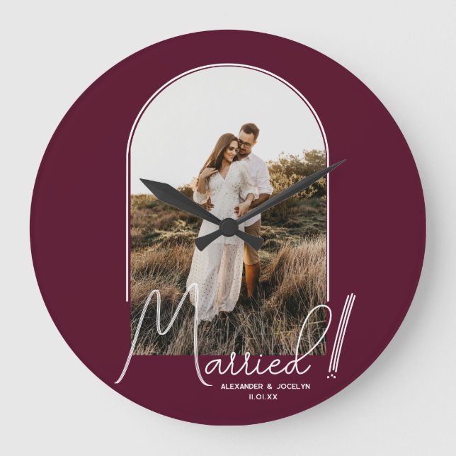 Wedding Arch Photo Burgundy Large Clock (Front)