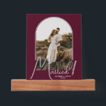 Wedding Arch Photo Burgundy Picture Ledge<br><div class="desc">A special keepsake features your wedding photo in an elegant arch design with the text "Married" in chic text along with your names and wedding date on a burgundy background mounted on a beautiful picture ledge. Beautiful gift for your family and a fabulous memory to display in your own home....</div>