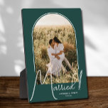 Wedding Arch Photo Emerald Green Plaque<br><div class="desc">A special keepsake features your wedding photo in an elegant arch design with the text "Married" in chic text along with your names and wedding date on a emerald green background. Beautiful gift for your family and a fabulous memory to display in your own home. BACKGROUND color can be changed!...</div>