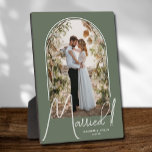 Wedding Arch Photo Sage Green Plaque<br><div class="desc">A special keepsake features your wedding photo in an elegant arch design with the text "Married" in chic text along with your names and wedding date on a sage green background. Beautiful gift for your family and a fabulous memory to display in your own home. BACKGROUND color can be changed!...</div>
