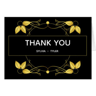 Wedding Art Deco Gold Black Leaf Thank You Cards