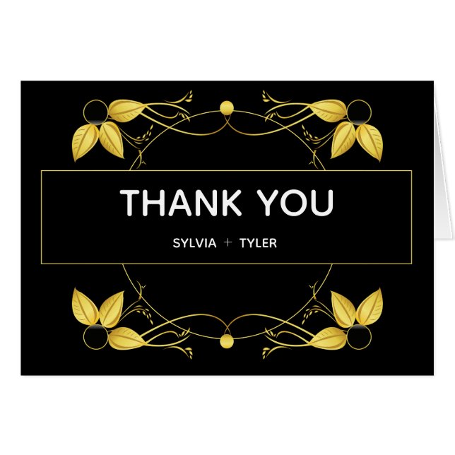Wedding Art Deco Gold Black Leaf Thank You Cards (Front Horizontal)