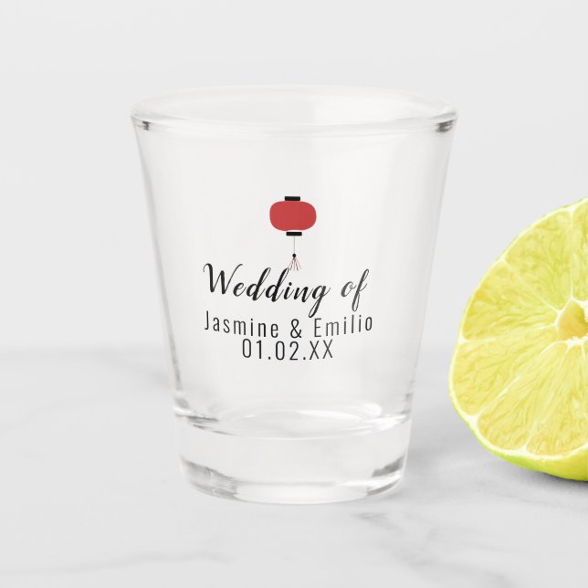 Wedding  Asian Lantern Logo Couples Name Shot Glass (Front)