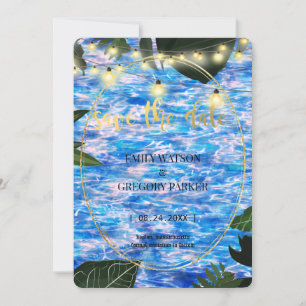 Wedding at the pool, golden frame,palm leaves save the date