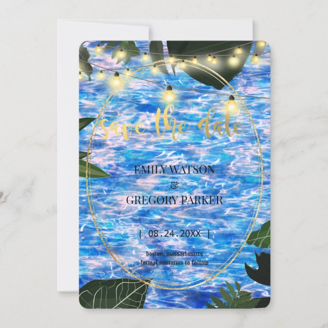 Wedding at the pool, golden frame,palm leaves save the date (Front)