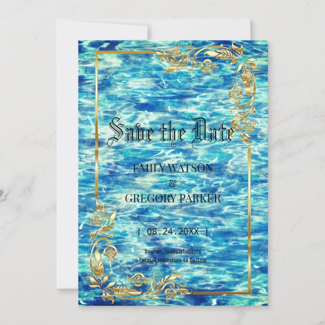 Wedding at the pool, golden frame save the date (Front)