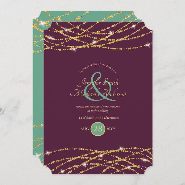 Wedding Aubergine Mint Gold String Lights Invites (Front/Back)