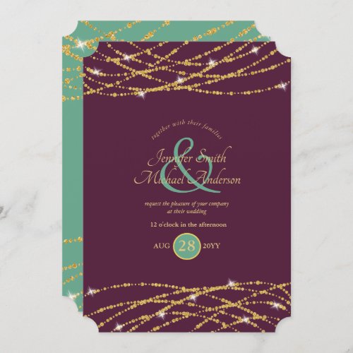 Wedding Aubergine Mint Gold String Lights Invites