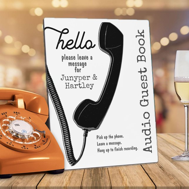 Wedding Audio Guest Book Black Phone on White 8x10 Plaque (Hello - Wedding Audio Guest Book Sign in White)