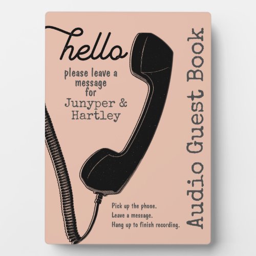 Wedding Audio Guest Book Sign Black Phone on Pink Plaque