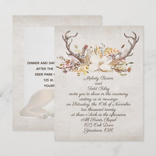 wedding autumn bouquet and deer antlers invitation (Front/Back)