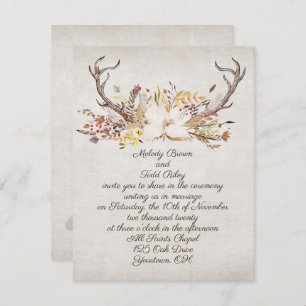 wedding autumn bouquet and deer antlers invitation