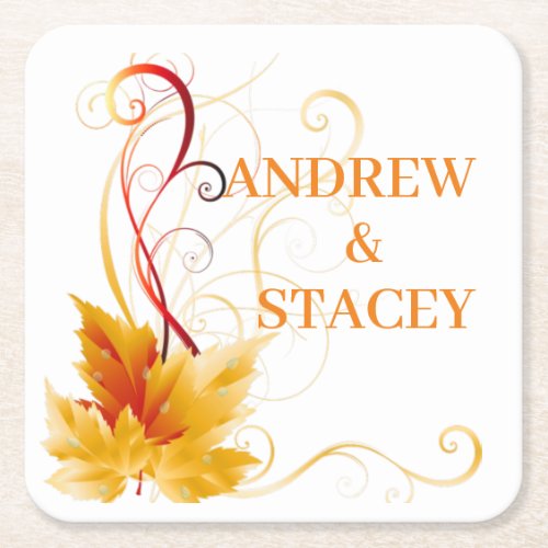 Wedding Autumn Leaf and Ornaments Square Paper Coaster