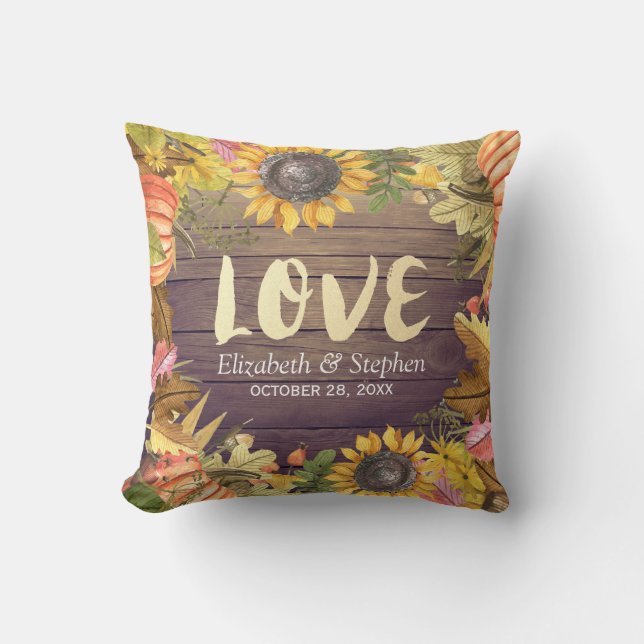 Wedding Autumn Maple Leaves Pumpkin Sunflower Wood Throw Pillow (Front)