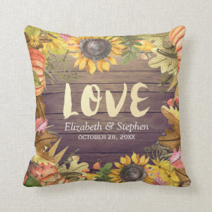 Wedding Autumn Maple Leaves Pumpkin Sunflower Wood Throw Pillow