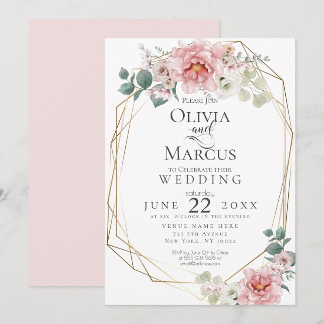 Wedding |  Baby Pink  Peony Watercolor Flowers Invitation (Front/Back)